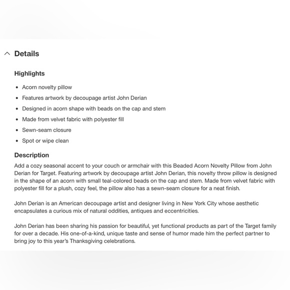 Beaded Acorn Pillow - John Derian - Picture 3 of 3